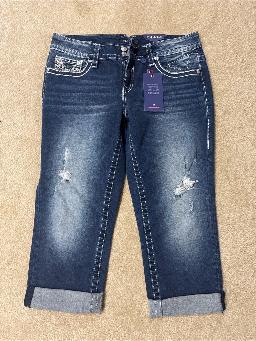 Vigoss Women’s Medium-Dark Blue Distressed Boyfriend Jeans with Rolled Cuffs